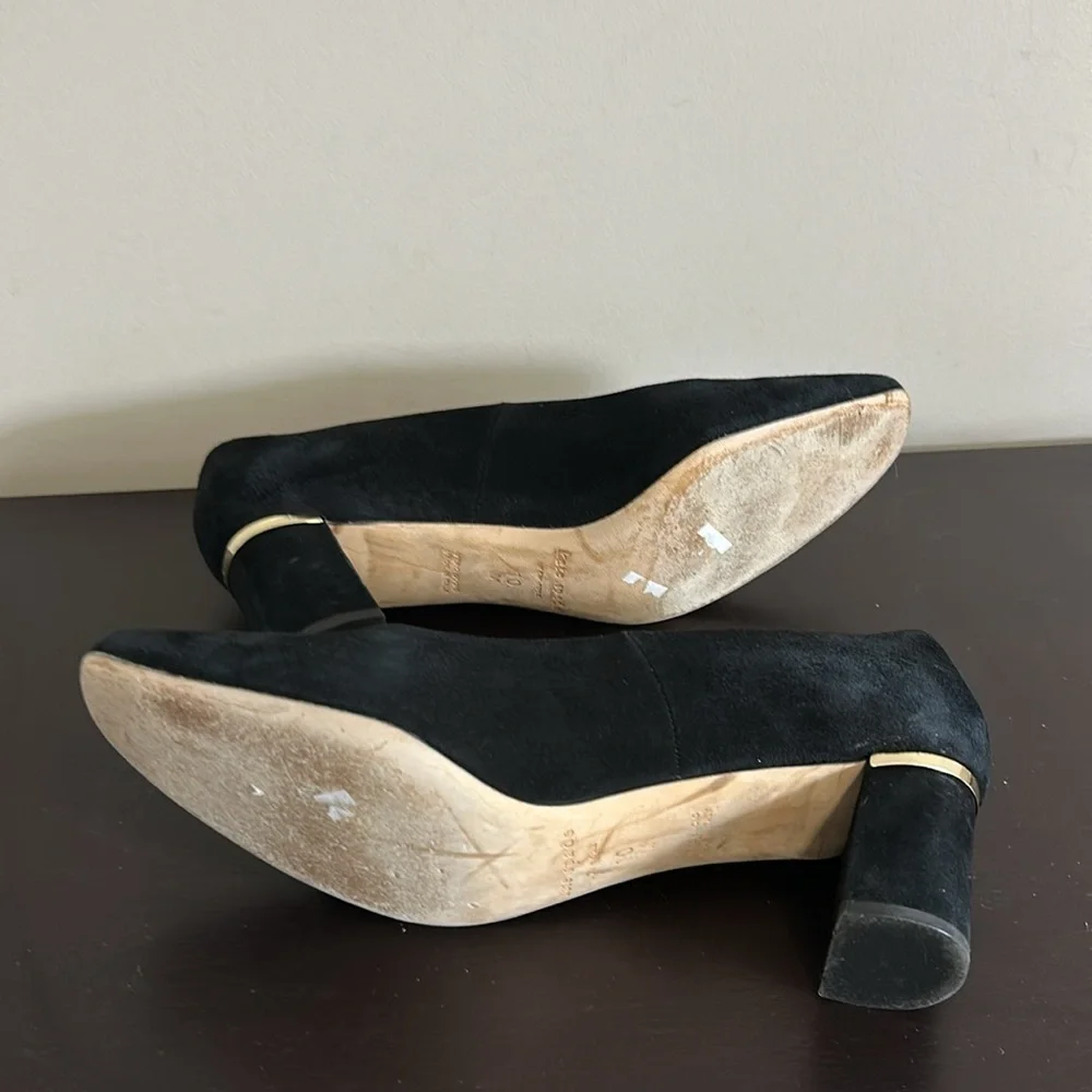 Kate Spade Dolores Too Designer Black Suede Gold Block Heel Pumps Sz 10